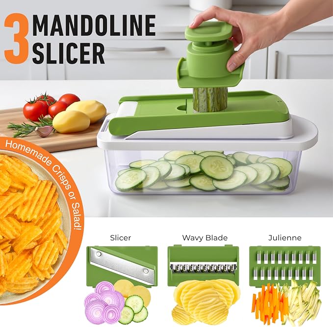 MUELLER HOME Pro-Series 10-in-1, 8 Blade Vegetable Chopper, Onion Mincer, Cutter, Dicer, Egg Slicer with Container, French Fry Cutter Potato Slicer, Home Essentials, Salad Chopper White Sand/Green