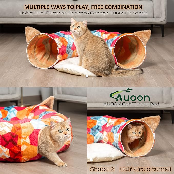 AUOON Cat Donut Tunnel with Bed for Kitten Puppy Rabbit Ferret, Orange | 2-in-1 Interactive Cat Toy, with Hanging Ball Toy, Machine Washable Center Pad, 36"L x 36"W x 10.7"H