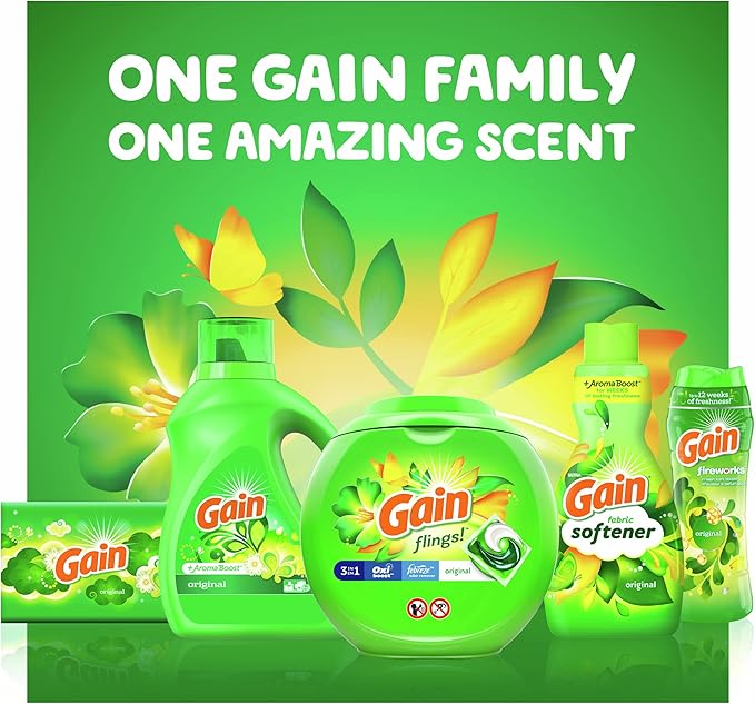 Gain Laundry Bundle: Flings Detergent Pacs (2x35ct), Dryer Sheets (2x34ct), Fireworks Scent Booster Beads (14.8 oz)