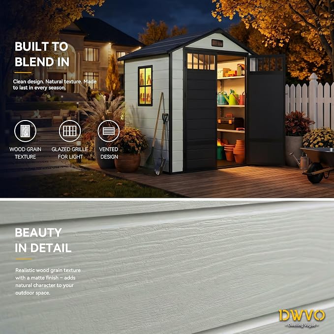 DWVO 6x4.4 FT Outdoor Storage Shed with Fence-Style and Side Windows, Lockable Door and Vents Resin Storage Shed for Garden, Backyard, Patio, Lawn