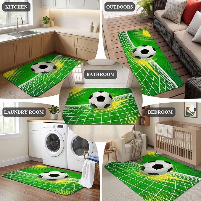 Green Football Bathroom Runner Rugs Non Slip Washable Absorbent Narrow Long Bath Mat Soccer Ball Goal Net Vibrant Runner Rugs for Kitchen Hallway Bedroom Laundry Study Room 15.7"x47.2"