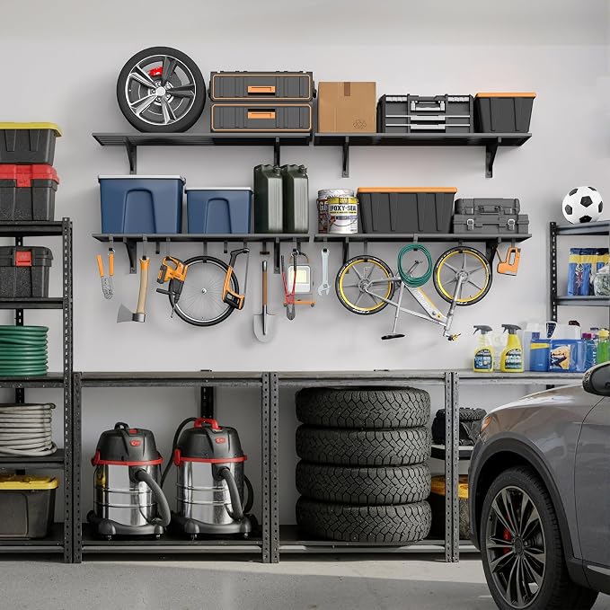 Jusgym 2-Pack 1.5x4ft Garage Shelving Wall Mounted, 1.5' x 4' Heavy Duty Garage Storage Shelves with Hooks, 500LB Capacity