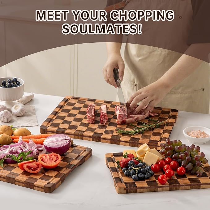Checkered Cutting Board Set, Walnut Wood Cutting Boards for Kitchen | 3PCS Wooden Chopping Board with Juice Groove & Handles, Upgraded Decorative Serving Tray for Meat Vegetables Fruits with Box