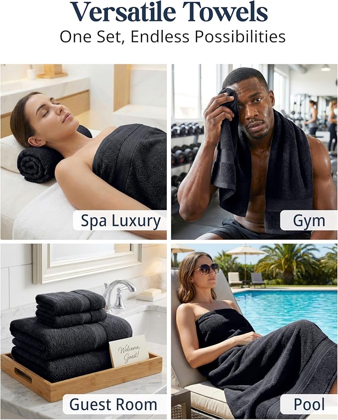 LANE LINEN Bath Towel Set Quick Dry 100% Cotton 16 Piece Soft - Black | Cotton Bath Towels - Classic Terry Weave, Densely Woven & Durable, Easy-Care, Coordinated Colors