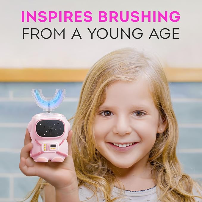Bendi Kids Electric Toothbrush, U-Shaped Astronaut Design, Ages 2-7, Pink | Sensory-friendly design, 360 whole mouth clean, self-brushing 5 modes, automatic memory, girls 4-6, mouthguard, multi heads