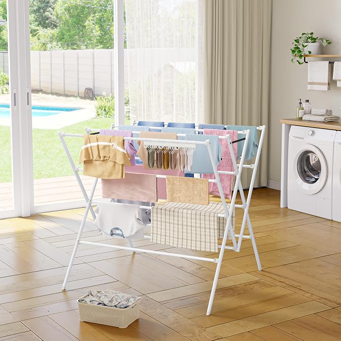 Drying Rack Clothing,35.43in Long Drying Poles Large Clothes Drying Rack | Foldable Portable Laundry Drying Rack with Sock Clips for Air Drying Clothing,Towels,Delicate Eac,Indoor Outdoor Use.White