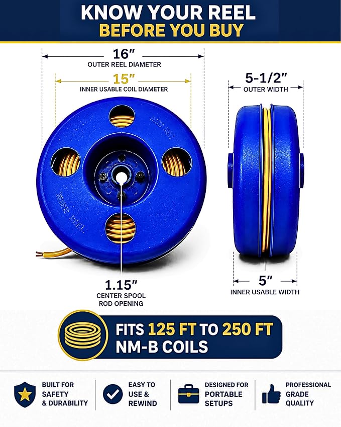 NM-B Blue Wire Dispenser for 125-250 FT Wire Coils, Portable Electrical Wire Organizer, Heavy-Duty Polypropylene Cable Reel, Made in USA, 16" OD x 15" ID Wire Reel for Electricians & Contractors