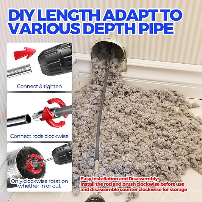 Holikme Dryer Vent Cleaner Kit - 30Ft Fireplace Chimney Brushes Flexible | Dryer Vent Cleaner Brush with Drill Attachment, Removes Years of Lint Buildup, Faster Drying & Fire Safety, Gray
