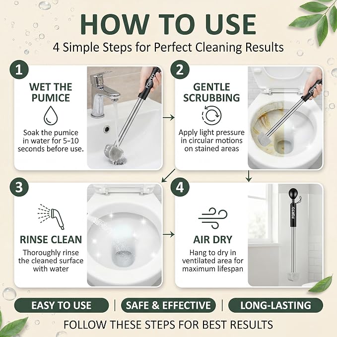 8-Pack Pumice Stone Toilet Cleaner with Long Handle - Hard Water & Limescale Remover, Non-Scratch Multi-Surface Scrubber, Disposable Refill Heads for Bathroom & Kitchen
