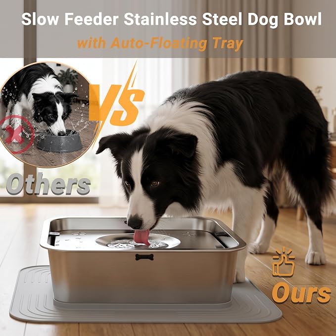 12L/3.17Gal No Spill Dog Water Bowl, Non-Slip Mat for Large Dogs | Spill Proof Water Bowl with 304 Stainless Steel Floating Disk, Slow Drinking Pet Bowl for Messy Drinkers, Indoor/Outdoor