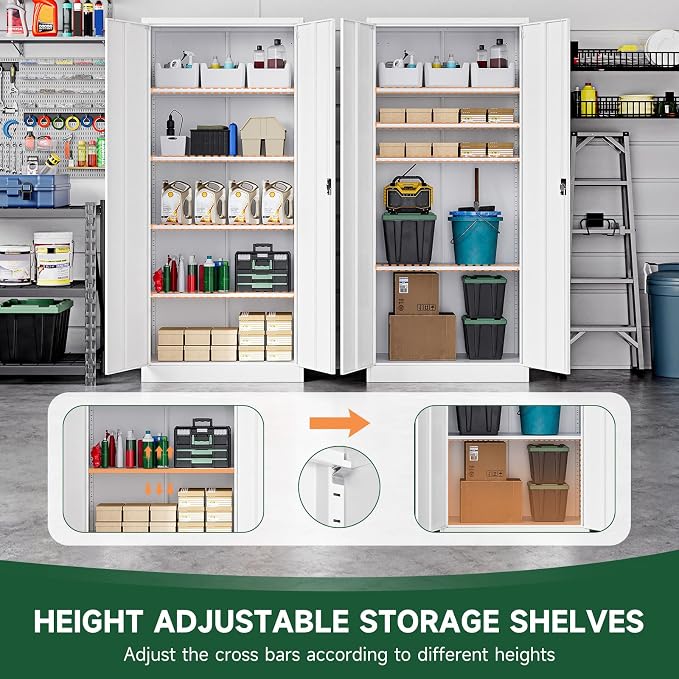 Metal Garage Storage Cabinets with Lock Door and Adjustable Shelves, Steel Tool Cabinets for Home,Office,Warehouse Organisieren (White, 71" H)