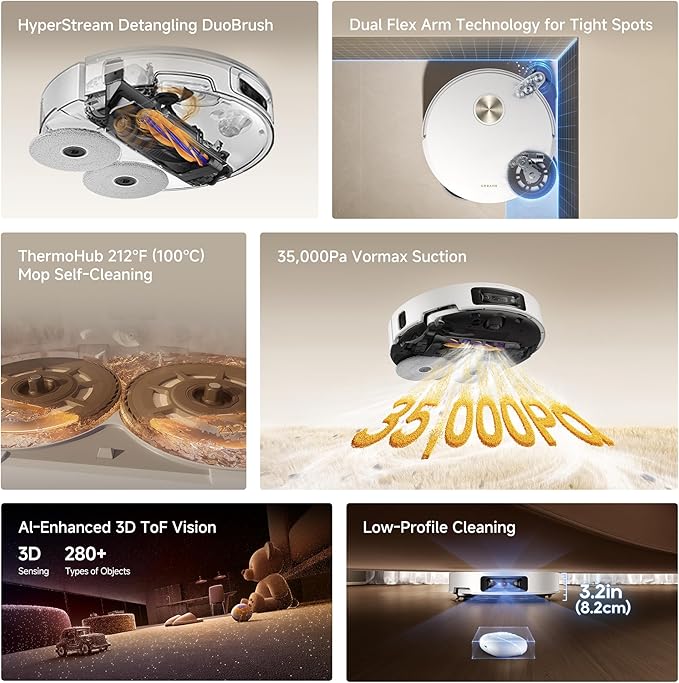 DREAME L60 Ultra Robot Vacuum and Mop, 35,000Pa Suction, Detangling Brush, AI-Enhanced 3D ToF Vision, 100℃ Mop Self-Cleaning, 280+ Object Types, Extendable Side Brush and Mop, White