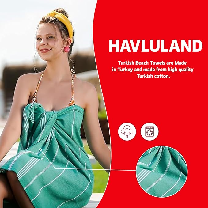 HAVLULAND Turkish Beach Towel, Oversized 72x40, Turkish Cotton, Set of 6 | Sand Free, Quick-Dry, Absorbent Bath Towel, Lightweight Blanket & Compact for Travel, Beach, Pool, Gym, Spa