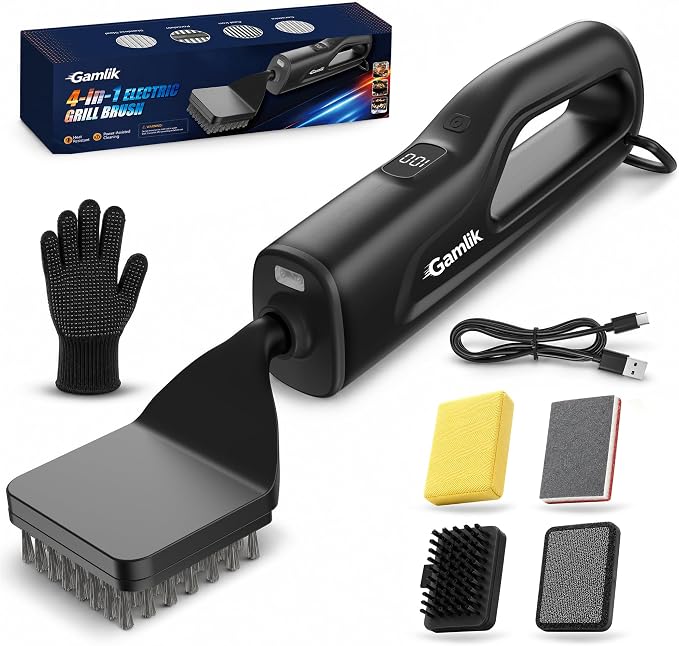 Electric Grill Brush with LED Light, Grill Cleaner for Outdoor Grill（Black） | Reciprocating Cleaning Action, Hot Grill Cleaning, Brushless Motor, 3-5H Runtime, LED Light, Ergonomic Handle, 4 Heads Kit