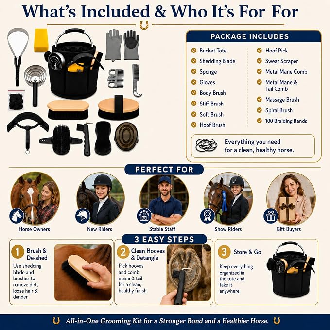 Horse Grooming Kit, 15-Piece Horse Brush Set with Tote Bag, Long Shedding Blade, Hoof Pick, Curry Comb, Sweat Scraper, Mane and Tail Comb, Gloves, Equine Grooming Supplies, Black