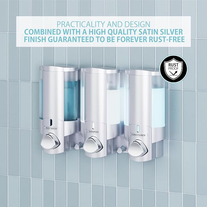 Better Living Aviva Shower Dispenser 3 Chamber,Wall Mount Shower Soap Dispenser for Bathroom Hotel Body Wash,Built-in Hooks,No Drill,Waterproof Shampoo Soap-Dispenser,3 x11 oz,Satin Silver,(Pack of 6)