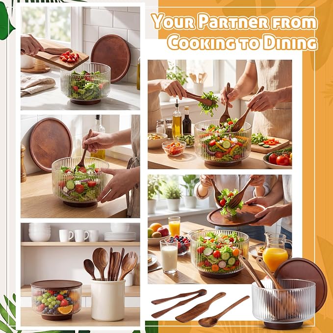Large Glass Salad Bowl Set, Ribbed Salad Bowl with Wood Base and Lid As Cheese Charcuterie Board and Plate, Comes with 5 Pieces of Wood Serving Utensils for Kitchen Party(7.9" X 5.5")
