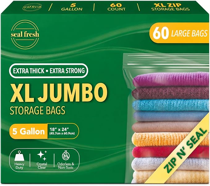 Seal Fresh 5 Gallon Large Plastic Storage Bags – 18" x 24" (60 Count) – Reusable XXL Extra Large Clear Jumbo Zip Bags with Sealable Zipper Top For Clothes, Travel, Moving