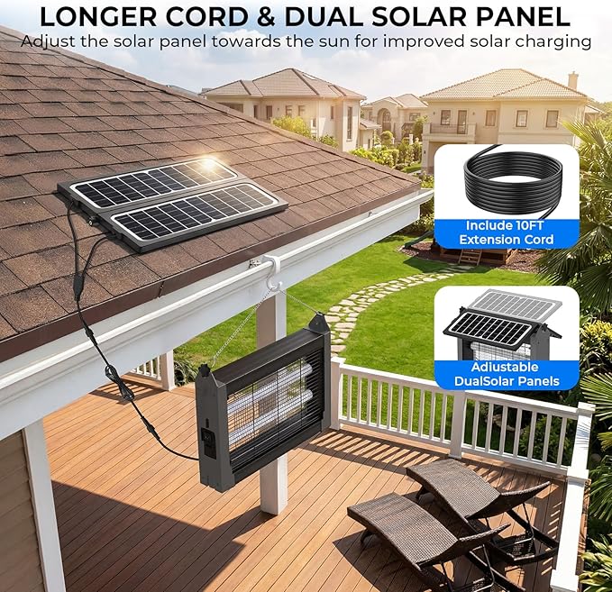 Upgraded Solar Bug Zapper Outdoor with Dual Panels, 4500V Cordless Rechargeable Fly Insect Killer Waterproof Electric Mosquitoes Zapper for Patio Garden Backyard RV Camping Pond