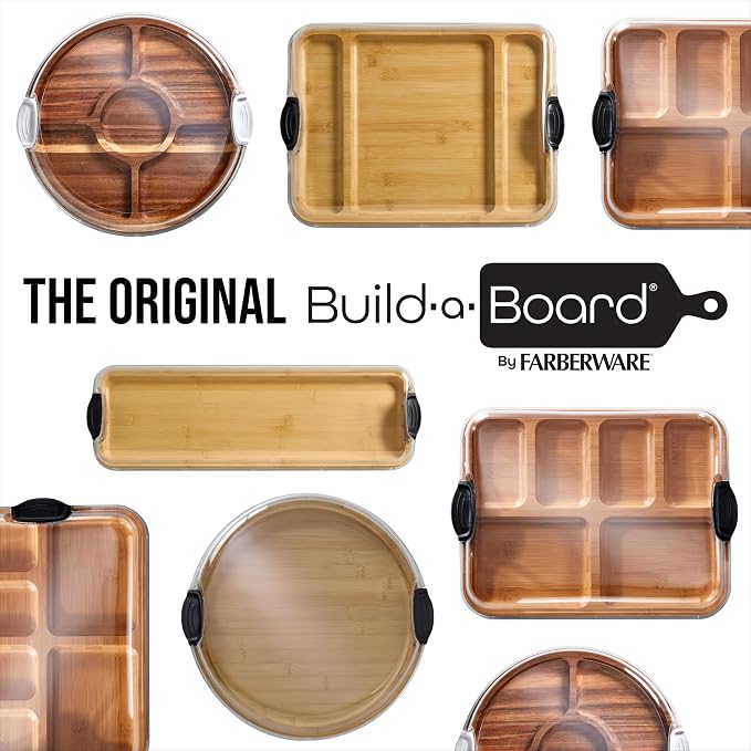 Farberware Bamboo Cutting Board with Clear Locking Lid, 11 x 14 Inch Build-A-Board Charcuterie Board with 6 Compartments for Food Prep, Snack Tray, and Entertaining