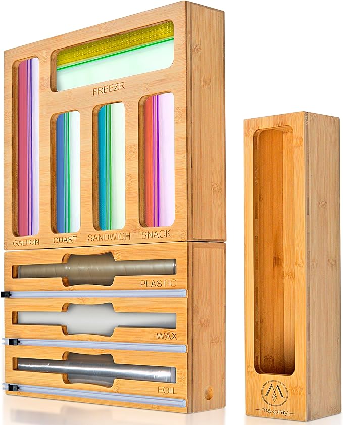 9 in 1 Bamboo Drawer Organizer for Kitchen — Zip Top Bag, Foil and Plastic Wrap Storage with Chalkboard Labels, Fits Gallon Quart Sandwich Snack Bags, Pantry Organization