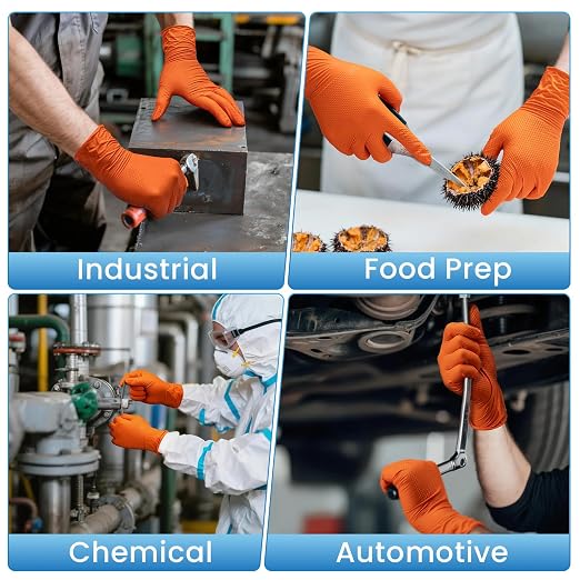Borje Orange 8 Mil Nitrile Disposable Gloves, 100 Count, Large | Heavy-Duty, Latex & Powder Free, Raised Diamond Texture, Mechanic, Industrial, Automotive, Gardening