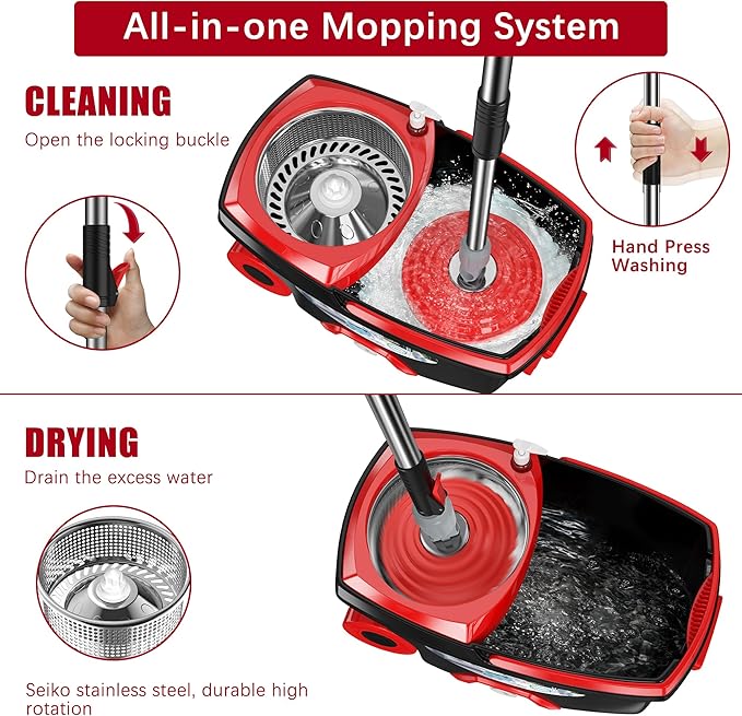 FunClean Spin Mop and Bucket for Home Cleaning, 360° Rotating Floor Mop with Wringer, Adjustable 61" Handle for Back Pain Relief, 6 Microfiber Replacement Heads, 2 Easy-Move Wheels - Black