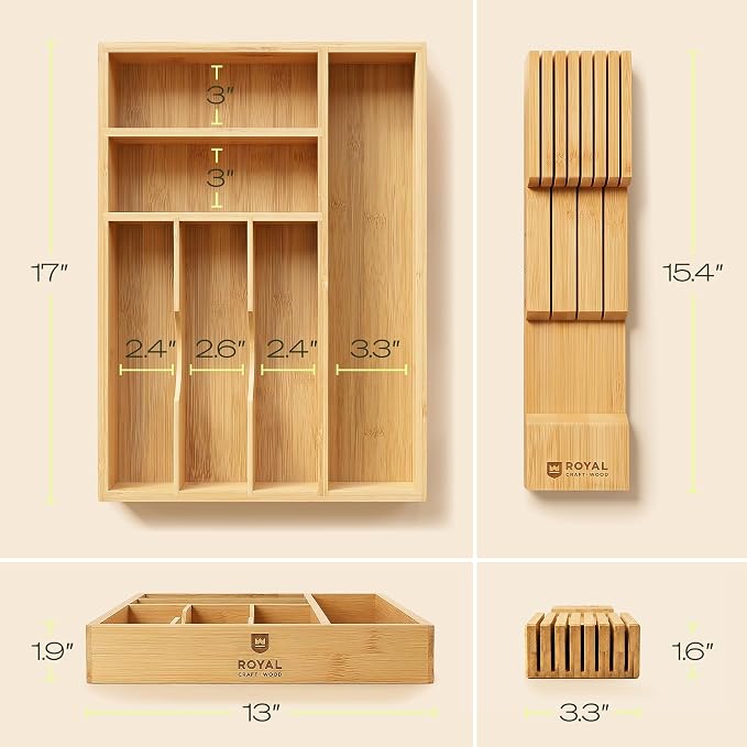 Drawer Organizer with Knife Block for Kitchen Organization, Bamboo Silverware Drawer Organizer, Compact Bamboo Cutlery Tray for Flatware and Utensils, Removable 7-Slot Knife Block for Kitchen Drawers