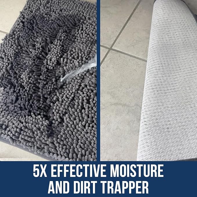 Muddy Mat® | Chenille Bathroom Rugs Quick Dry Microfiber Mats Non Slip Washable, Extra Thick, Soft and Highly Absorbent Bath Mats for Bathroom, Kitchen, and Shower Floor - Grey 36"x60"
