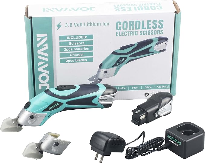 Cordless Electric Scissors for Cutting Fabric, Cardboard, Box Cutter, Carpet. Power Shears for Sewing, Scrapbooking, Crafting (2pc Battery, 2pc Blade - Lower Noise)