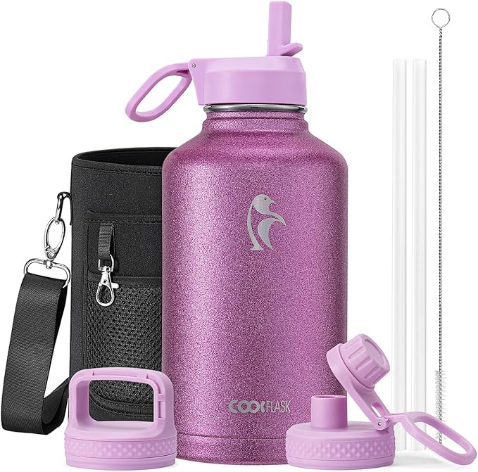 Coolflask Half Gallon Water Bottle Insulated with Straw & 3 Lids, 64 oz Water Jug Large Metal Stainless Steel Wide Mouth for Sports, Gym or Office, Non-BPA Keep Cold 48H Hot 24H, Glitter Pink