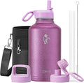 Coolflask Half Gallon Water Bottle Insulated with Straw & 3 Lids, 64 oz Water Jug Large Metal Stainless Steel Wide Mouth for Sports, Gym or Office, Non-BPA Keep Cold 48H Hot 24H, Glitter Pink