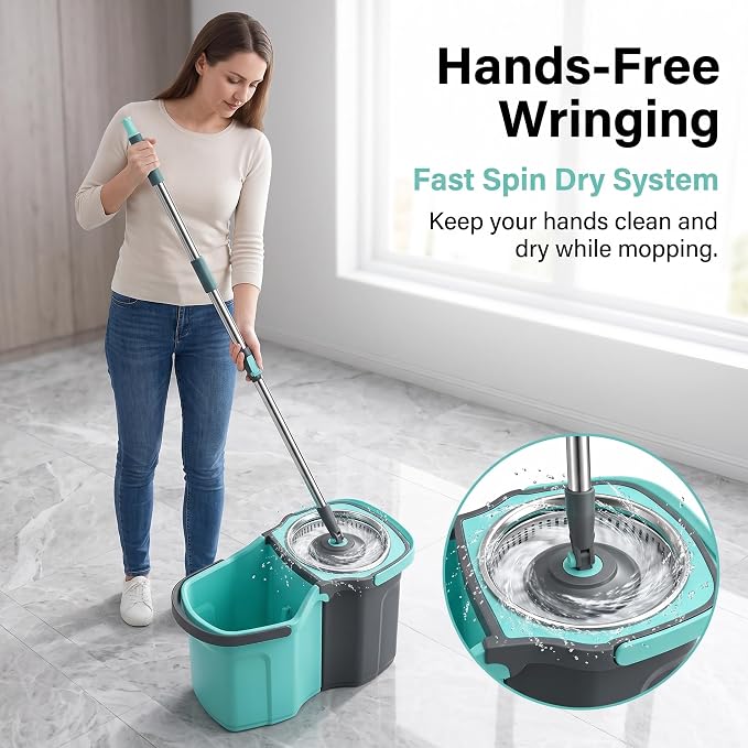 Spin Mop and Bucket Set with 2 Mop Heads, Teal and Grey | Hands-Free Wringing, Detachable Bucket, Deep Clean Microfiber, All Floor Types, Stainless Steel Handle
