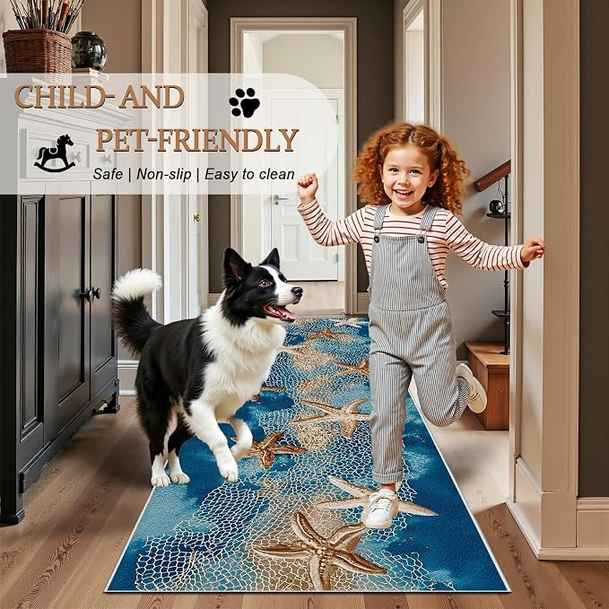 Seaside Coastal Extra Long Hallway Runner Rug 3x12 - Fishing Net Soft Low Pile Runner RugsWatercolor Ocean Anti Slip Washable Runners Rug for Entrance Corridor Kitchen Living Room