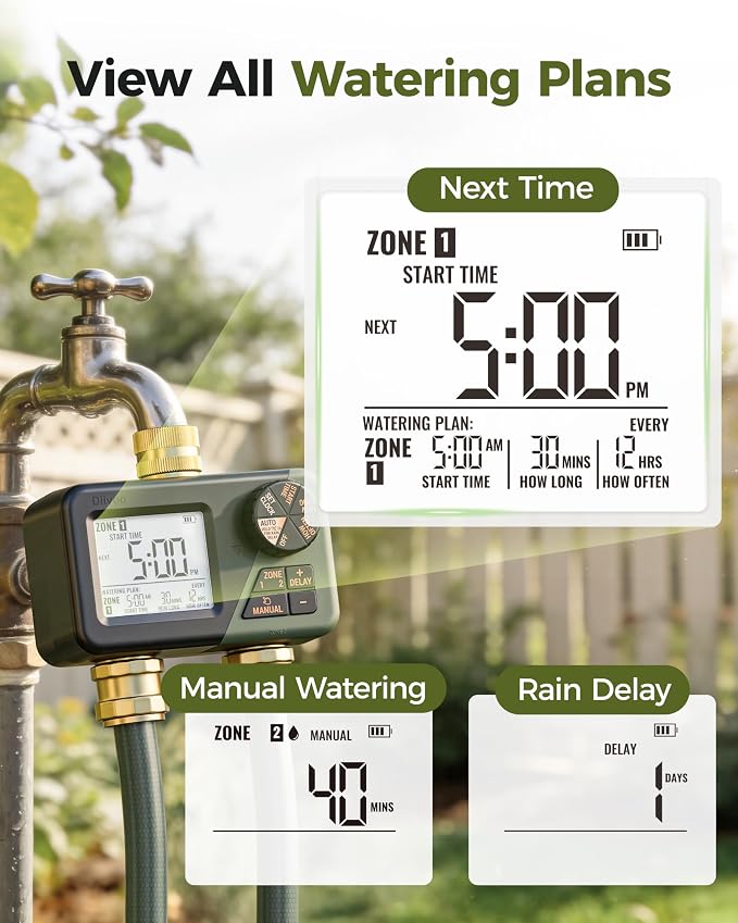 Diivoo Brass Sprinkler Timer 2 Zone, IP66 Waterproof Programmable Water Hose Timer 2 Outlet with Large Display, Rain Delay & Manual Watering for Outdoor Automatic Irrigation of Garden, Lawn, Yard