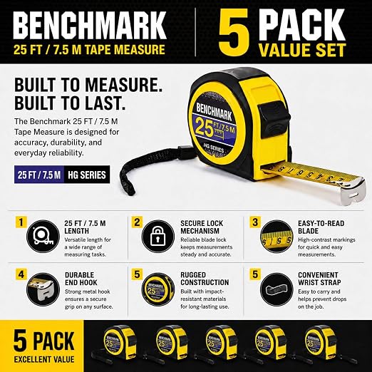 5 Pack - Tape Measures 25ft / 7.5m – Inch & Centimeter Marks. Rugged Outer Shell with Easy Grip Design - High Visibility Steel Tape - Thumb Lock - Autowind - Belt Clip – Retractable Measuring Tape