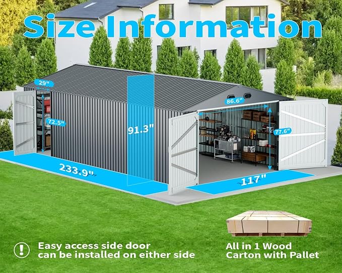 20 x 10 FT Metal Garage Shed, Large Metal Building Storage Shed with with 2 Lockable Doors&4 Air Vents, Galvanized Steel Prefab Shed Waterproof for Car, Truck, Bike, Tool, Dark Gray