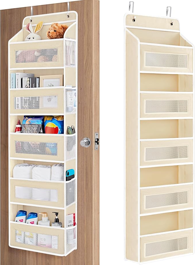 JARLINK Over the Door Organizer for Bedroom, Pantry Bathroom, 5 Shelf Beige | Anti-Tilt Design, 44 lb Load Capacity, Hanging Door Organizer with 5 Large Capacity Pockets, Behind Door Storage for Nursery