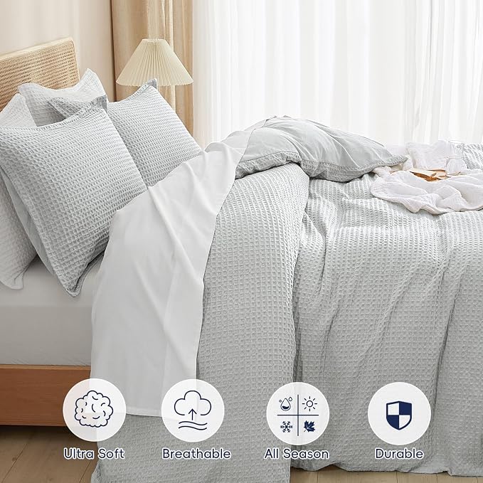 PHF Waffle Weave Duvet Cover Set King Size, No Snagging Ultra Soft Luxury Textured Breathable Comforter Cover for All Season 3pcs, Durable Bedding Duvet Set with 2 Pillow Shams, 104"x90", Light Grey