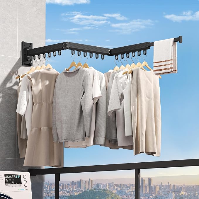 Wall Mounted Foldable Clothes Drying Rack, Heavy Duty 3-Fold Laundry Airer with Ring Hook Design, Space Saving Aluminum Rack for Balcony Bathroom Laundry Room,Black Rings
