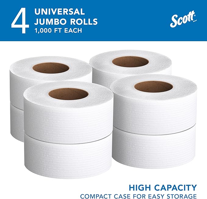 Scott Professional High-Capacity Jumbo Roll Toilet Paper, Bulk (03148), 2-Ply, Septic Safe, White, Non-Perforated, Compact for Easy Storage (4 Rolls at 1,000' Each, 4,000'/Case)