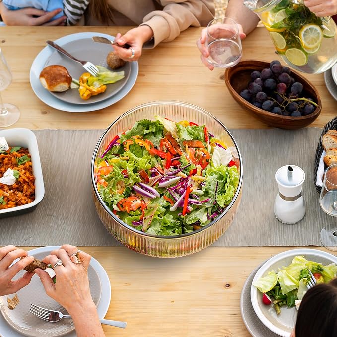 NiHome Glass Salad Bowl, Large Serving Bowl, Acacia Wood | Separate-Piece Ribbed Design for Easy Dishwasher Cleaning, Versatile for Pasta, wine & Snacks at Gatherings