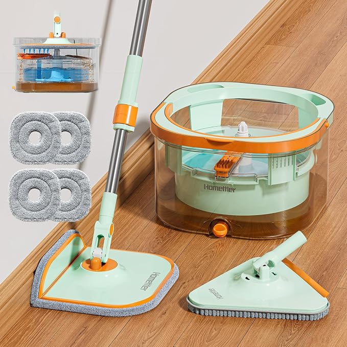 HoMettler Transparent Mop and Bucket Set | Spin Mop with Dual-Tank Clean/Dirty Water Separation | 4 Microfiber Pads for Deep-Cleaning Floors | Versatile Mops Triangular Head for Walls