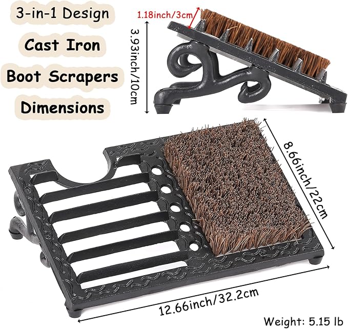 Cast Iron Boot Brush Scraper Outdoor, Black Heavy Duty Boot Scrubber Brush with Angled Design, Outdoor Shoe Scrapers with Brushes, All Weather Boot Scraper for Home Porch Entryway Garden Farmhouse