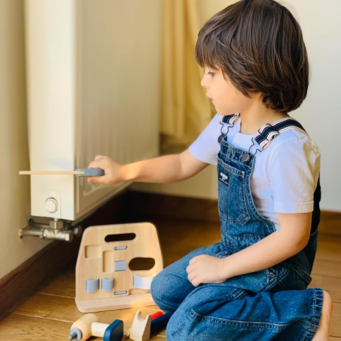 PlanToys® Wooden Handy Carpenter Set Montessori Practical Life Kids Play | hammer, screwdriver, wrench, kids tool set, girls, boys, imaginative fine motor construction learning gift preschool fun
