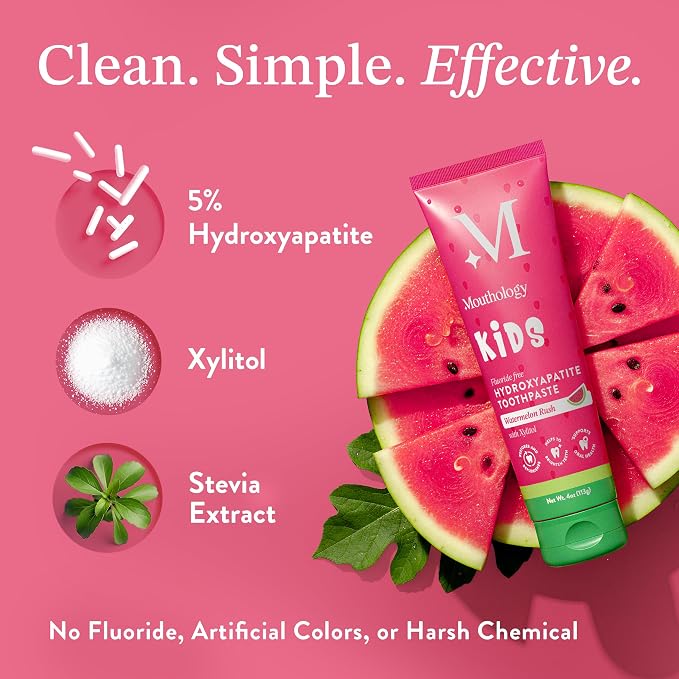 Mouthology Hydroxyapatite Kids Toothpaste Fluoride Free with Xylitol, Non Toxic Fluoride Free Toothpaste for Kids, All Ages (1-3), (3-6) & (6-12) Watermelon, 4oz