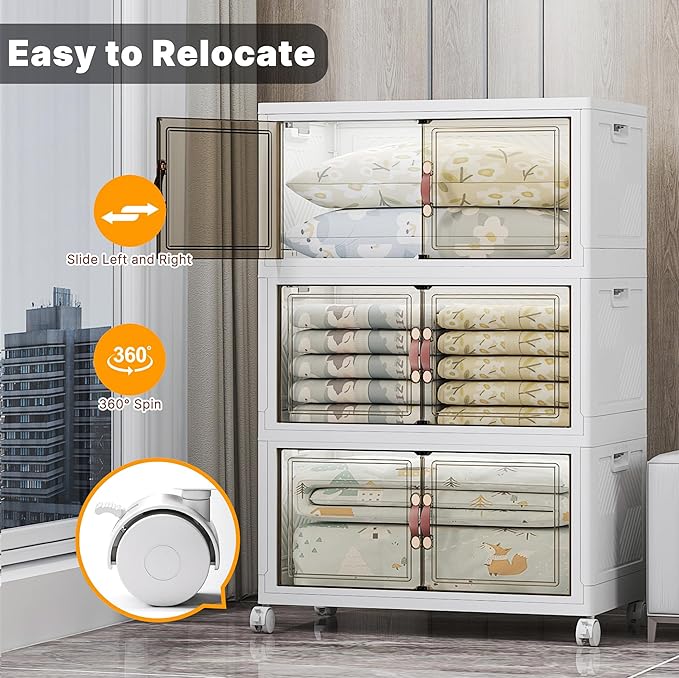 Stackable Storage Bins, 1050QT Collapsible Drawers with 2 Lids | Large Capacity, Magnetic Door, Stack Lock, Rolling Wheels, Foldable Design, Organizers and Storage for Bedroom Dorm Garage