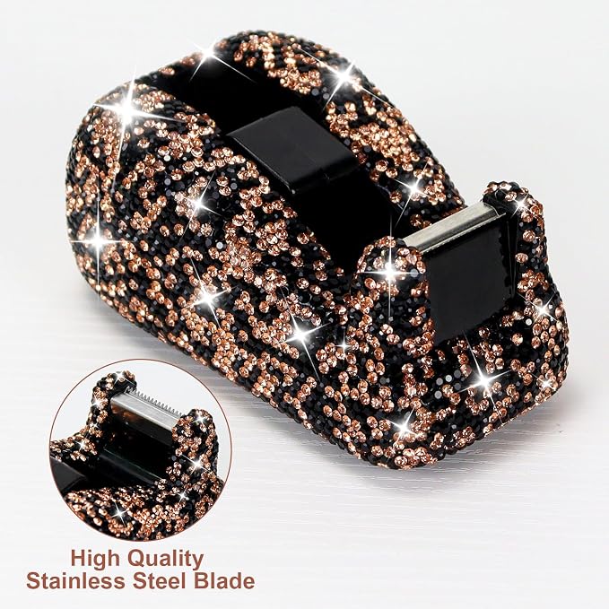 Buqoo Black Bling Rhinestones Tape Dispenser, Crystal Sparkly Handmade Diamond Desktop Tape Dispenser for Desk, Glitter Tape Holder Cutter for School Home N Office Supplies