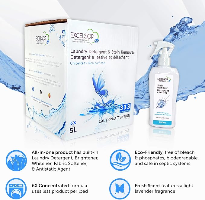 Excelsior HE Laundry Detergent Liquid Fragrance Free Concentrated 333 Loads 5 Liter With Natural Stain Remover, High Efficiency Washing Detergent Laundry Soap Bulk Works In All Washers Unscented