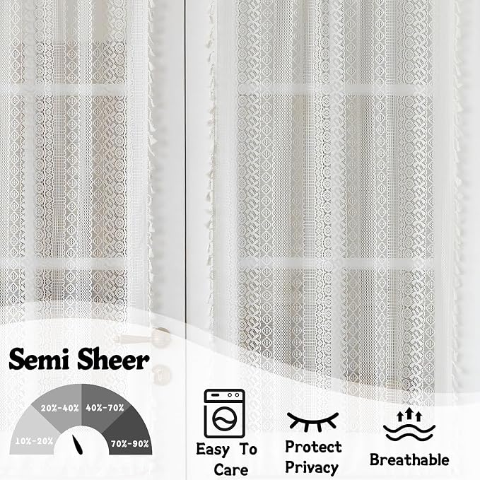 Sutuo Home White French Door Curtains 72 Inches Long for Front Door Glass & Sidelights, Cream Semi Sheer Bohemian Tassels Vintage Privacy Drapes Window Household Decoration, Rod Pocket 2 Panels 25" W